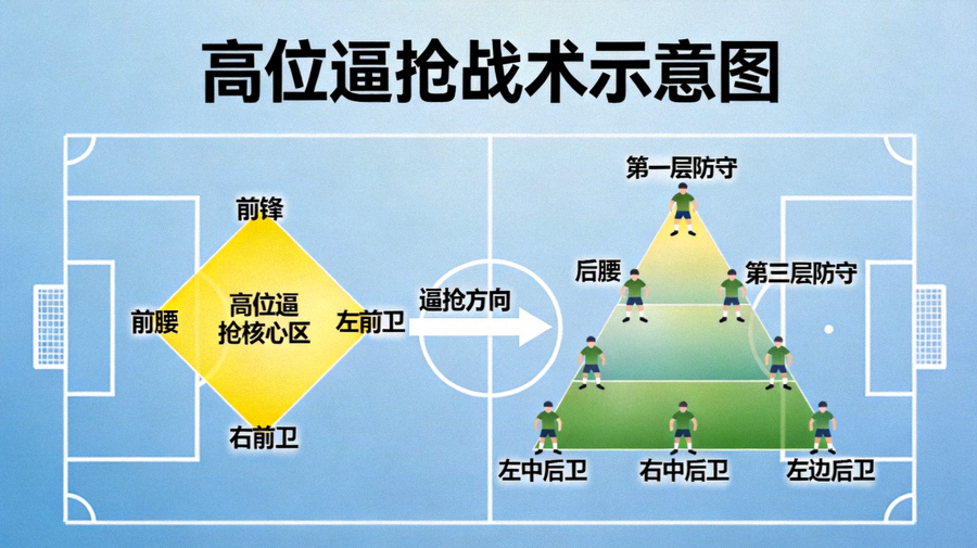 战术板示意图：展示高位逼抢时的前场菱形站位与多层三角防守网络