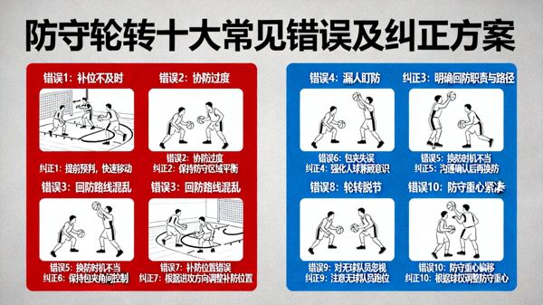 防守轮转十大常见错误及纠正方案 配图 错误与纠正对比图