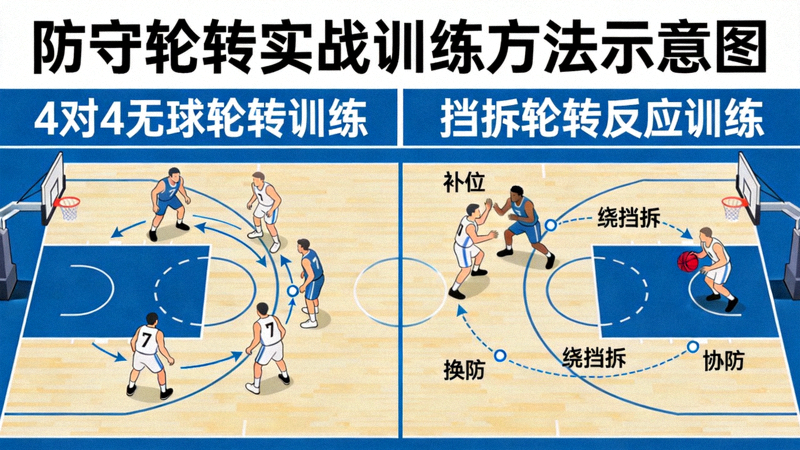 防守轮转实战训练方法示意图：展示4对4无球轮转与挡拆轮转反应训练的场景