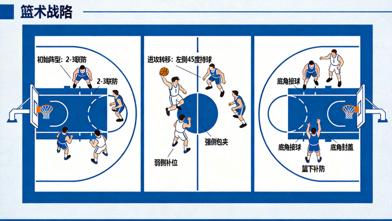 NBA季后赛防守轮转核心概念示意图：展示五人防守阵型如何随进攻移动而协同调整