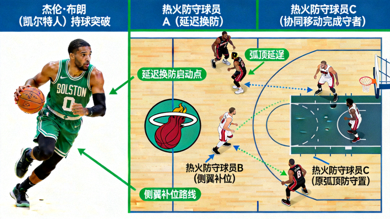 热火对阵凯尔特人季后赛防守杰伦·布朗的轮转示例：展示延迟换防与侧翼补位的协同移动