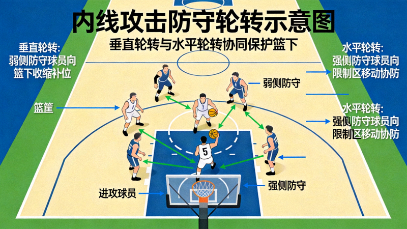 针对内线攻击的防守轮转示意图：展示垂直轮转与水平轮转如何协同保护篮下