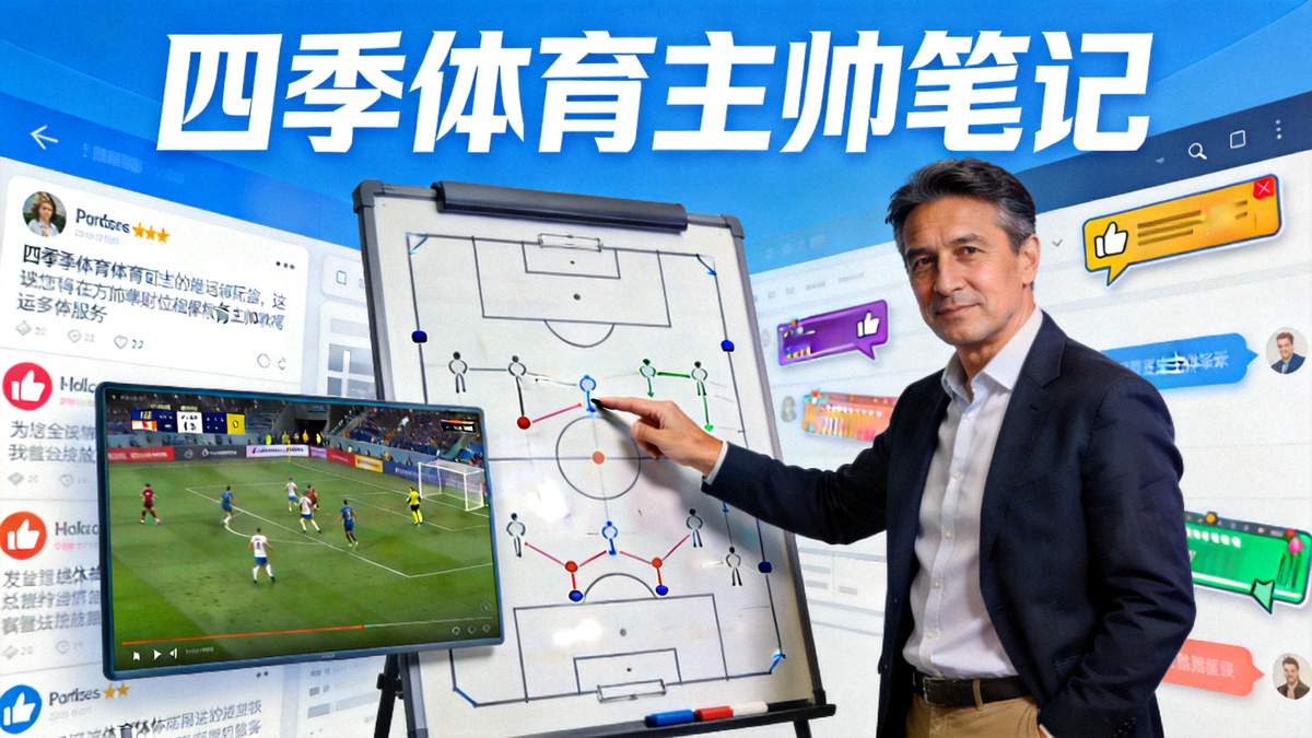 四季体育主帅笔记专题配图：教练在战术板前分析实时直播画面，背景为活跃的互动社区界面